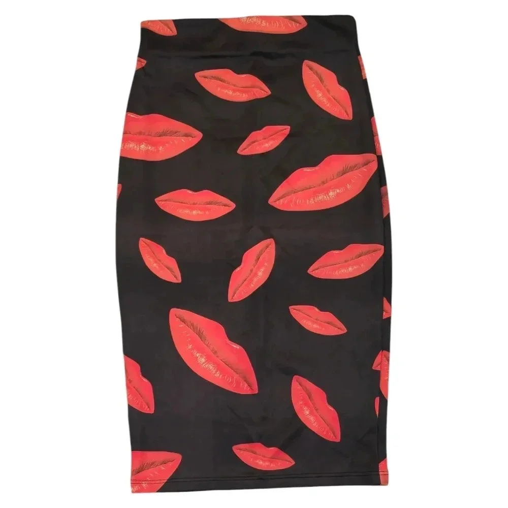 Codigo Black Red Lipstick Lip Bodycon Stretchy Pencil Skirt - Picture 2 of 6